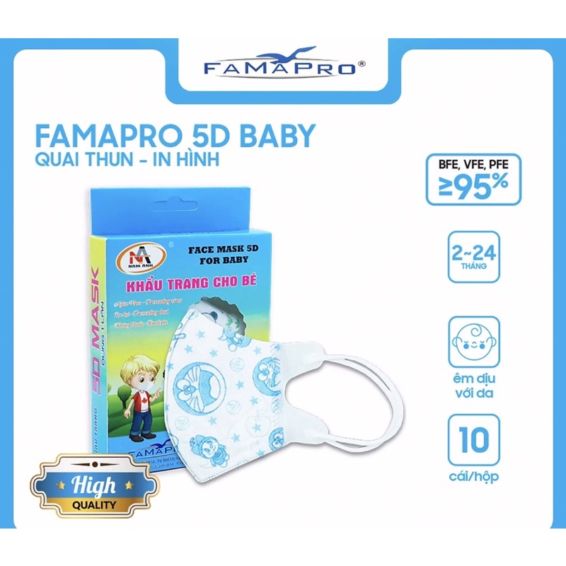 Hộp 10 cái khẩu trang 5d baby Famapro/khẩu trang cho bé/khẩu trang trẻ em 6 tháng -4 tuổi