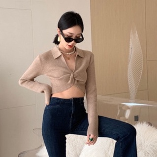 【ZHELIHANGFEI】Áo Dệt Kim Tay Dài Eo Cao Quyến Rũ Trẻ Trung Cho Bạn Gái