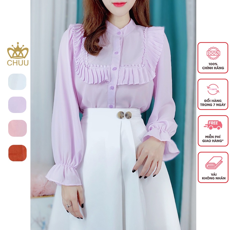 Áo sơ mi nữ cổ trụ vạt vuông bèo tay phồng CHUU A6966