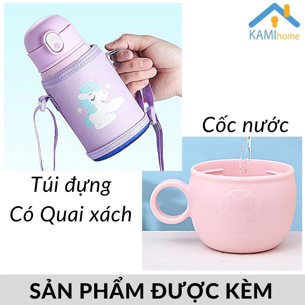 Bình nước giữ nhiệt cho bé có ống hút và túi xách tiện lợi nhiều họa tiết dễ thương mã 22033