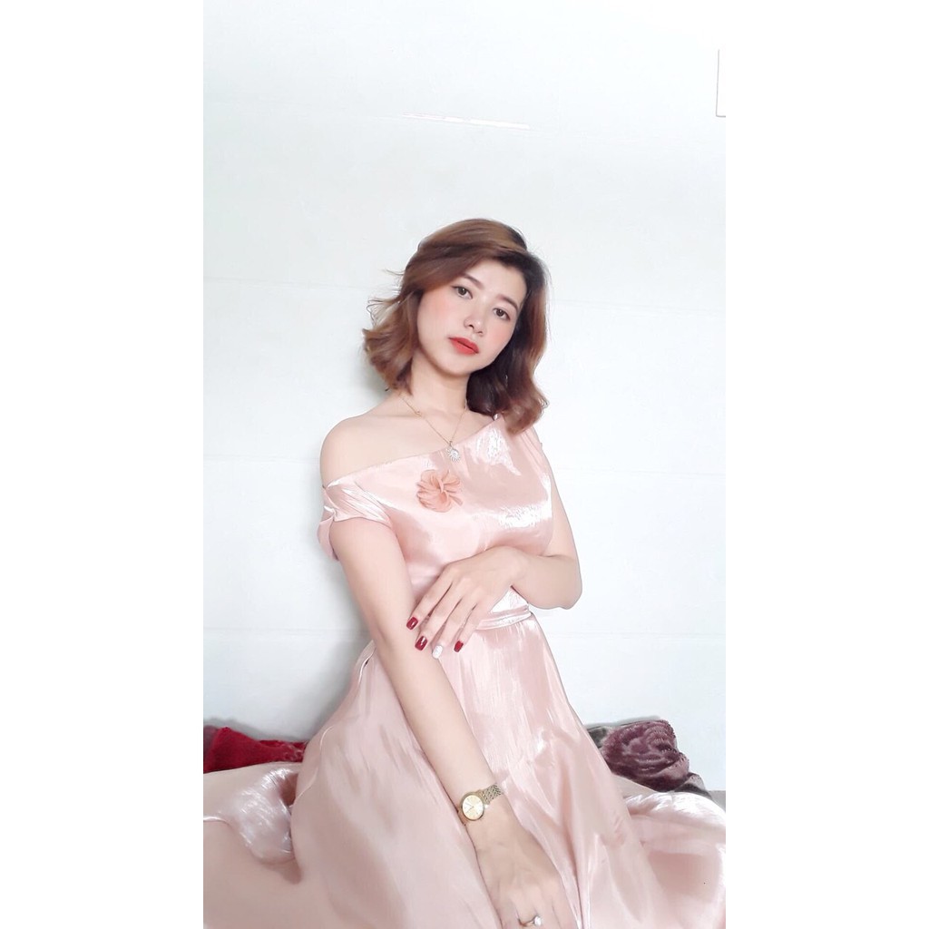 [ xả kho ] MiD Đầm xòe be lêch vai V1013 Mie Design ảnh thật