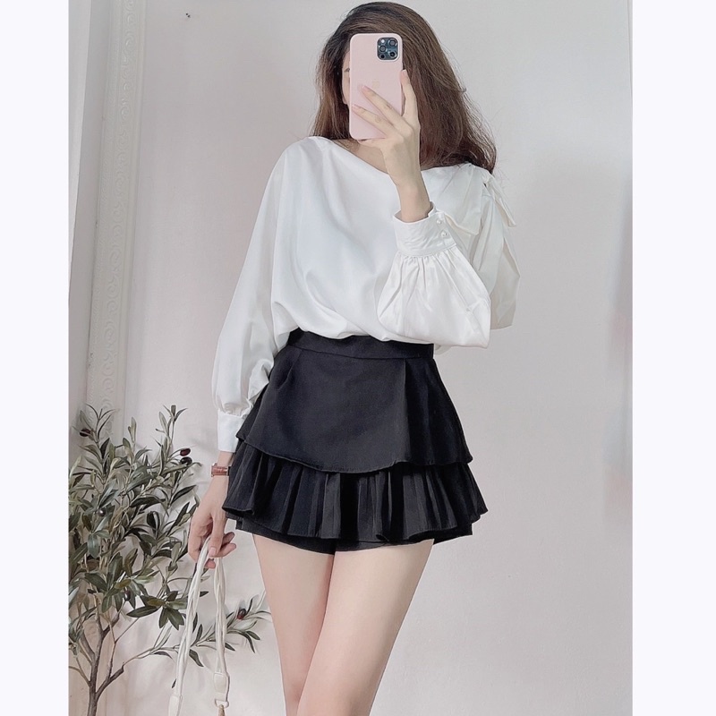 Áo sơmi lệch vai 2 màu trắng và be - Áo sơ mi nữ công sở lịch sự