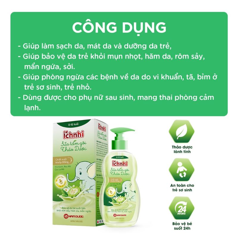 Sữa tắm gội thảo dược Ích nhi ngừa rôm sảy, mẩn ngứa, mềm mịn cho da bé..cho bé