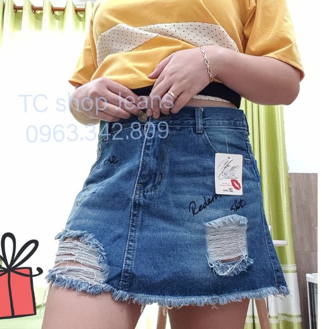 Chân Váy Jeans Ngắn In chữ có Size Lớn (ảnh thật)