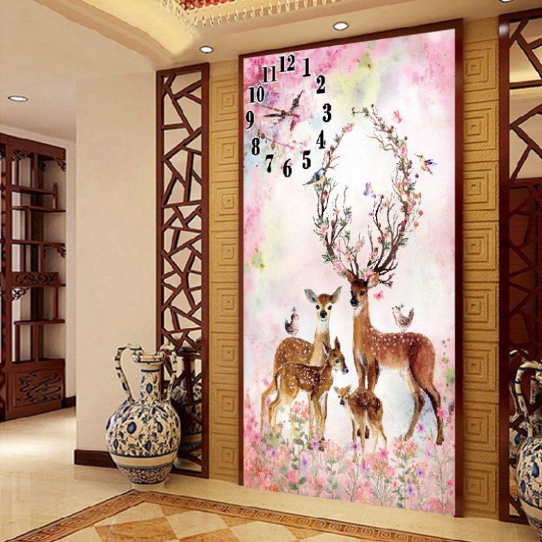 Tranh thêu kín chữ thập Đồng Hồ Nai E75