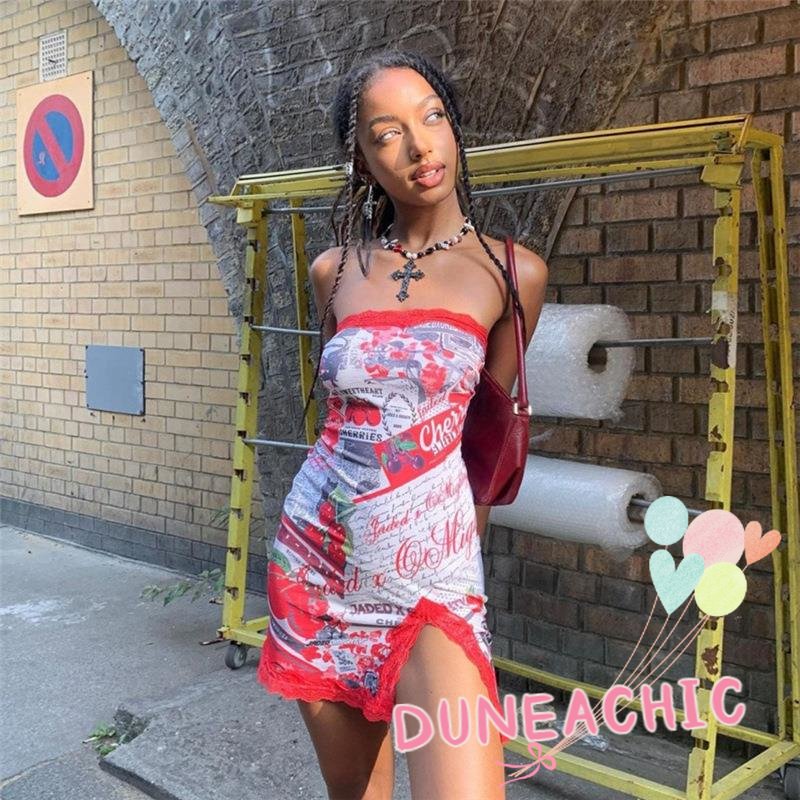 DUNEA Đầm Trễ Vai Eo Cao Xẻ Tà In Họa Tiết Thời Trang Cho Nữ