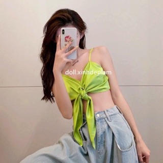 Croptop buộc nơ Hyun Ah lụa satin chỉ còn đen