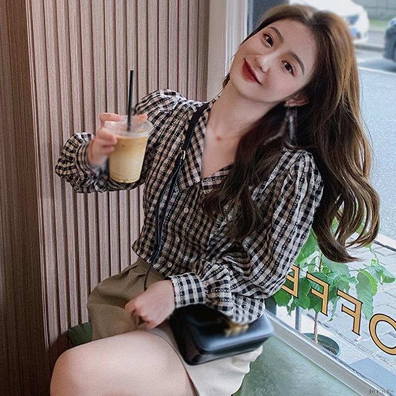 Áo Sơ Mi Ca Rô Ngắn Tay Cổ Búp Bê Xinh Xắn Dễ Thương Dành Cho Nữ