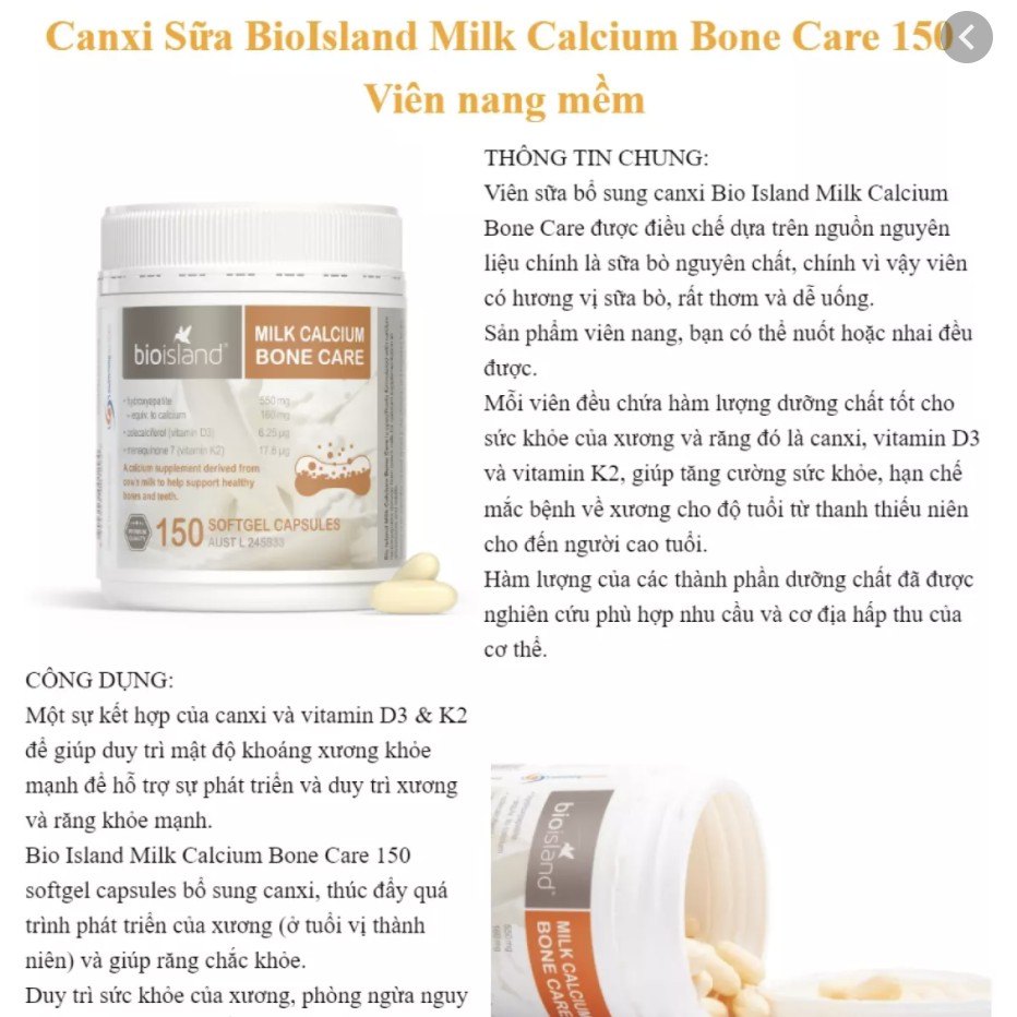 Bio Island Milk Calcium Bone Care 150v Úc