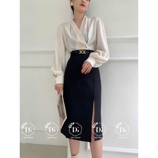 Chân váy xẻ tà kèm đai