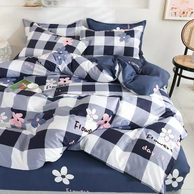 Bộ Chăn Ga Gối Ô Vuông Xám Cotton Poly