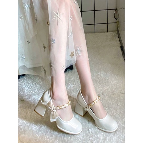 Giày Cao Gót Da Phối Nơ Xinh Xắn Theo Phong Cách Mùa Xuân Hàn Quốc 2022