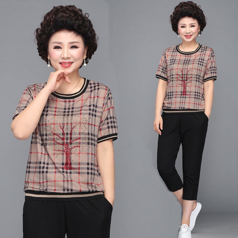 Bộ đồ hai mảnh mùa hè của mẹ 40 tuổi 50 áo ngắn tay xuân nữ trung niên thời trang và tây phong cách người già