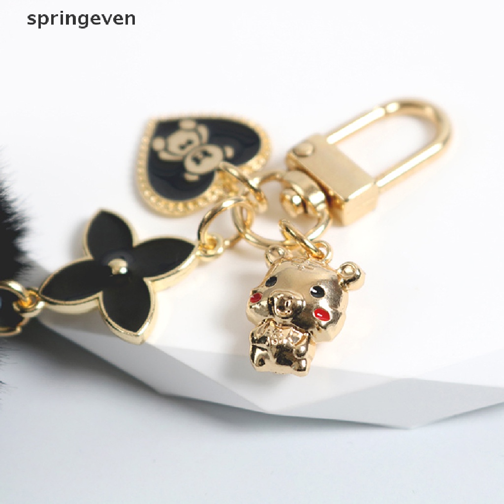Móc Khóa Hình Gấu Phối Cục Bông Màu Hồng Đen Đáng Yêu