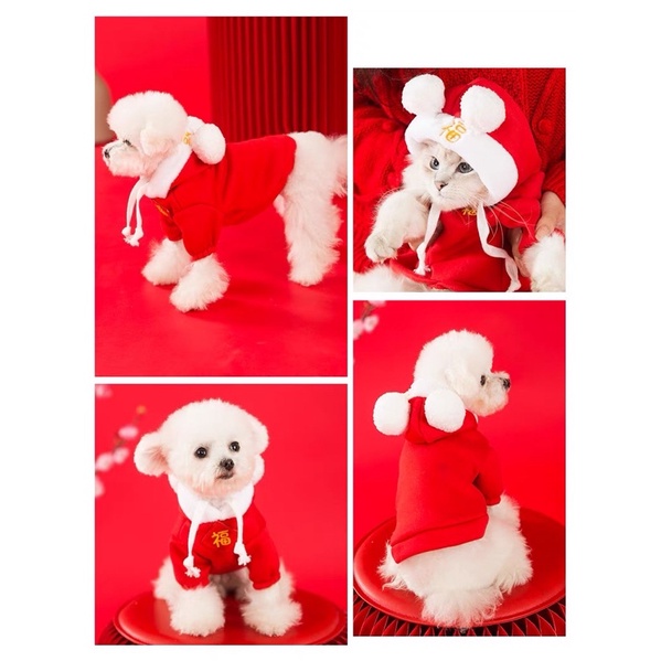 Áo hoodie tai mèo Tết cho cún miu 🧧