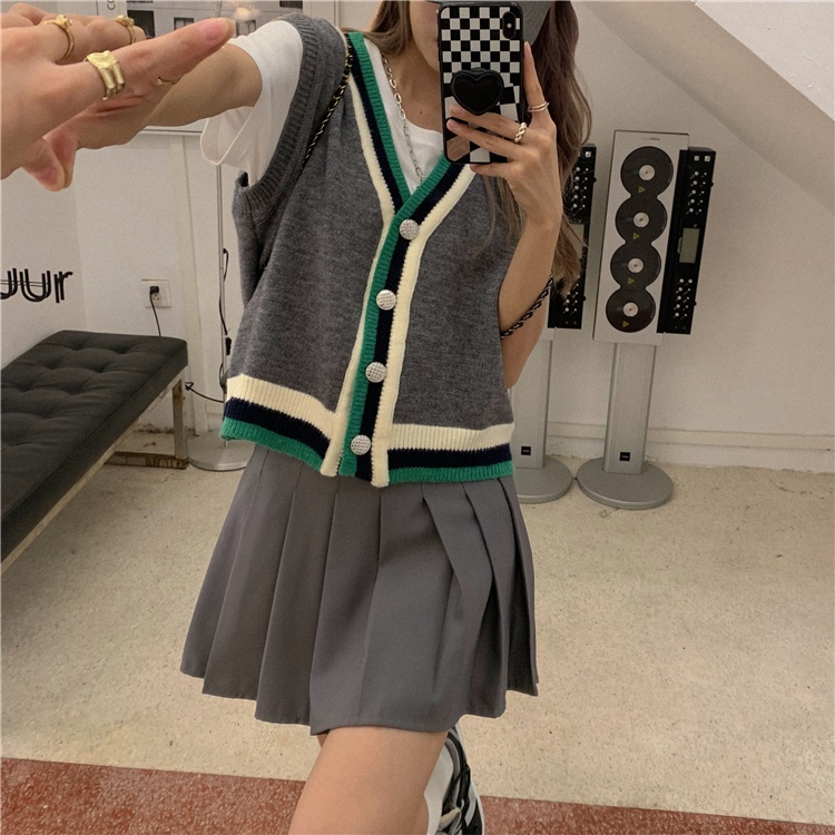 Áo khoác cardigan dệt kim không tay màu sắc tương phản thời trang mùa thu phong cách cho nữ