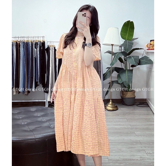 Đầm kẻ babydoll dáng dài siêu xinh- Váy kẻ hot che được mọi khuyết điểm