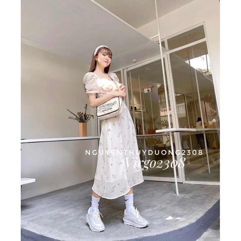 [Ảnh thật/Sẵn]Váy hoa nhúm ngực xẻ tà tay bồng/Đầm hoa Wedding dress