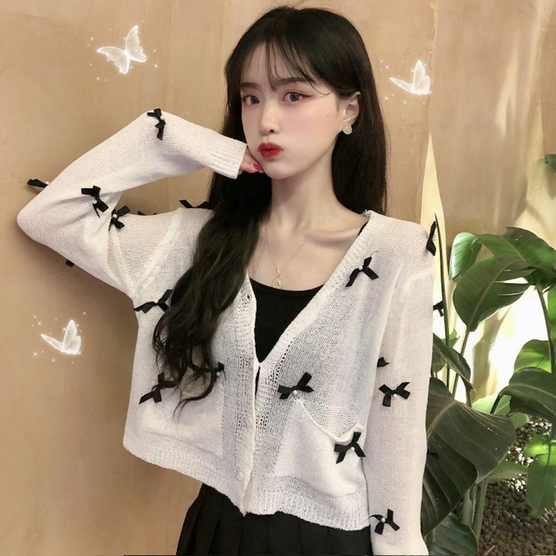 Áo Khoác Cardigan Thun Len Nữ Tay Dài Đính Nơ Siêu Dễ Thương