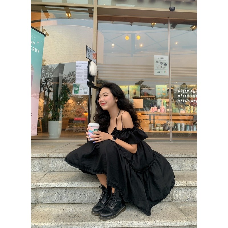 (CLIP THẬT) Đầm babydoll trễ vai dự tiệc đen tay bồng thắt dây nơ cổ | BigBuy360 - bigbuy360.vn