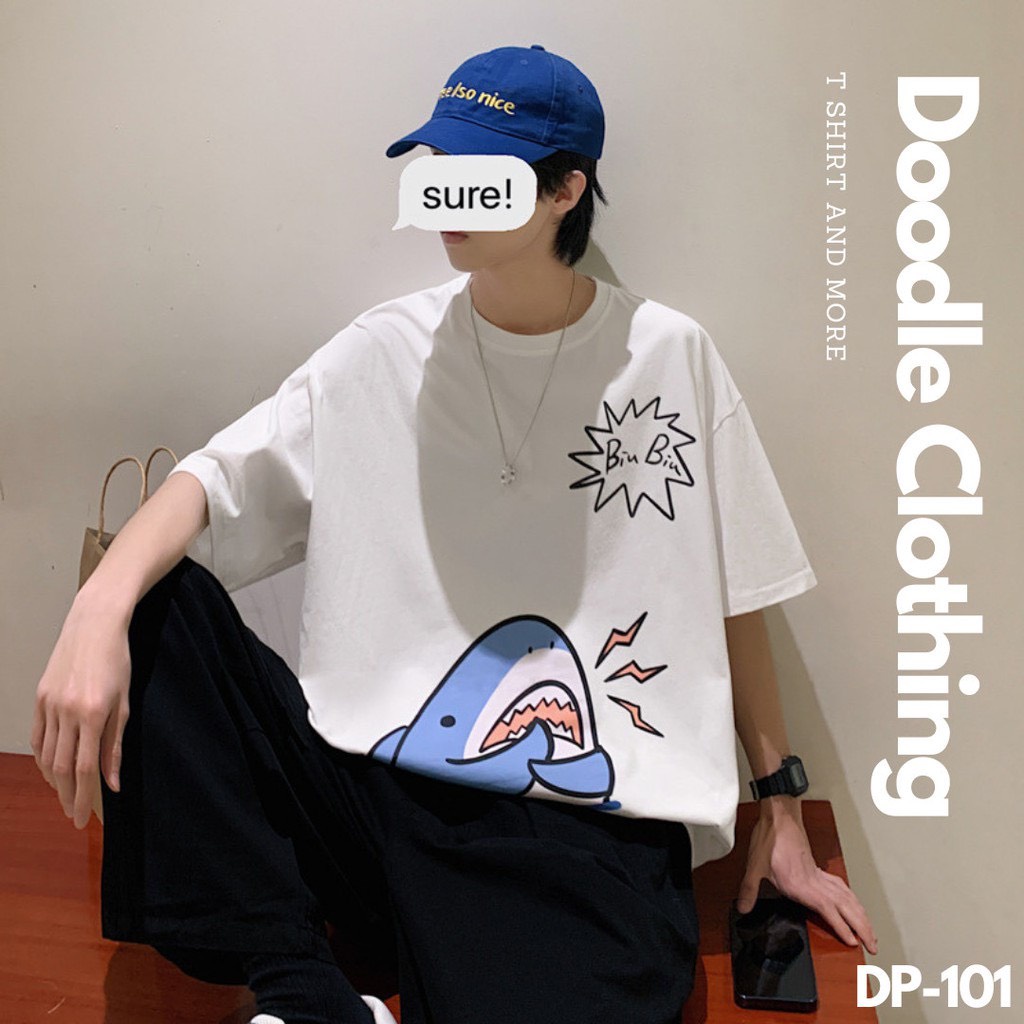 Áo thun in hình CÁ MẬP CUTE Unisex tay lỡ phom rộng , Áo phông Oversize nam nữ