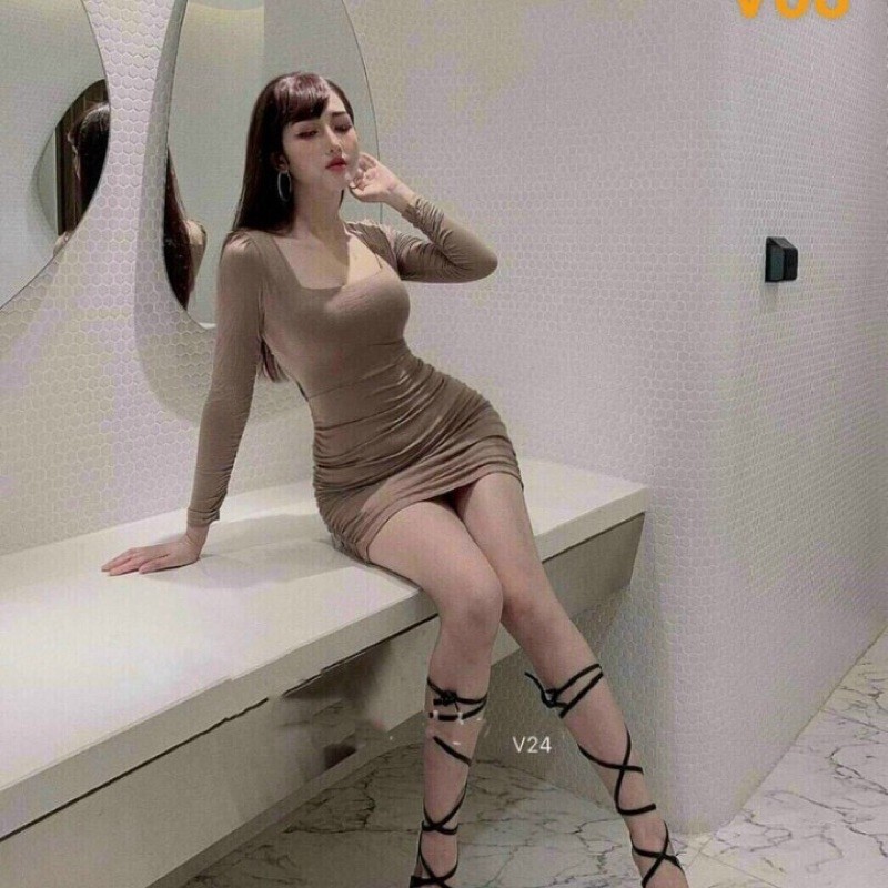 Váy body - Đầm body nữ dài tay cổ vuông nhún sườn chất đẹp ơi | BigBuy360 - bigbuy360.vn