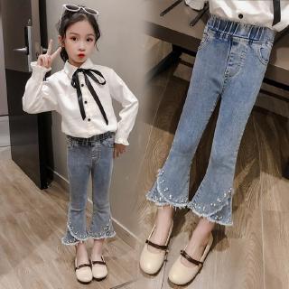 💕Quần Áo Tốt Cho Sức Khỏe Bé Gái💕 Quần Denim Ống Loe Đính Ngọc Trai Thời Trang Xuân Thu Cho Bé Gái