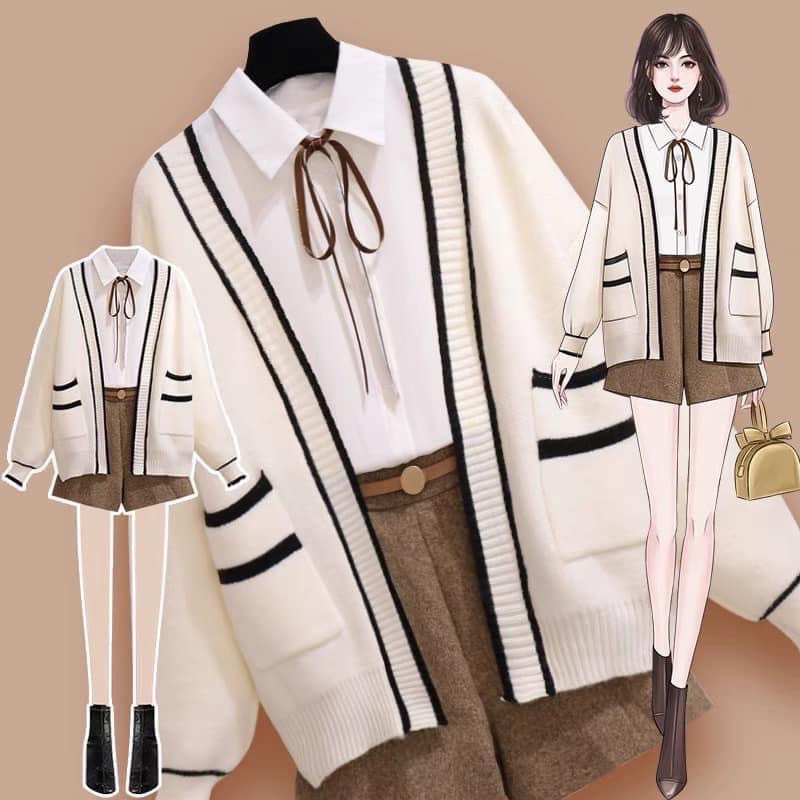 Áo len cadigan 2 sọc