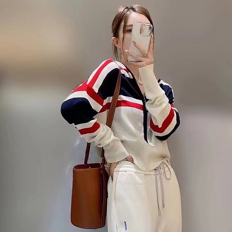 IELGY Áo sweater Dệt Kim Tay Dài Có Mũ Trùm Khóa Kéo Phối Màu Sắc Khối Dễ Phối Đồ Thời Trang Cho Nữ