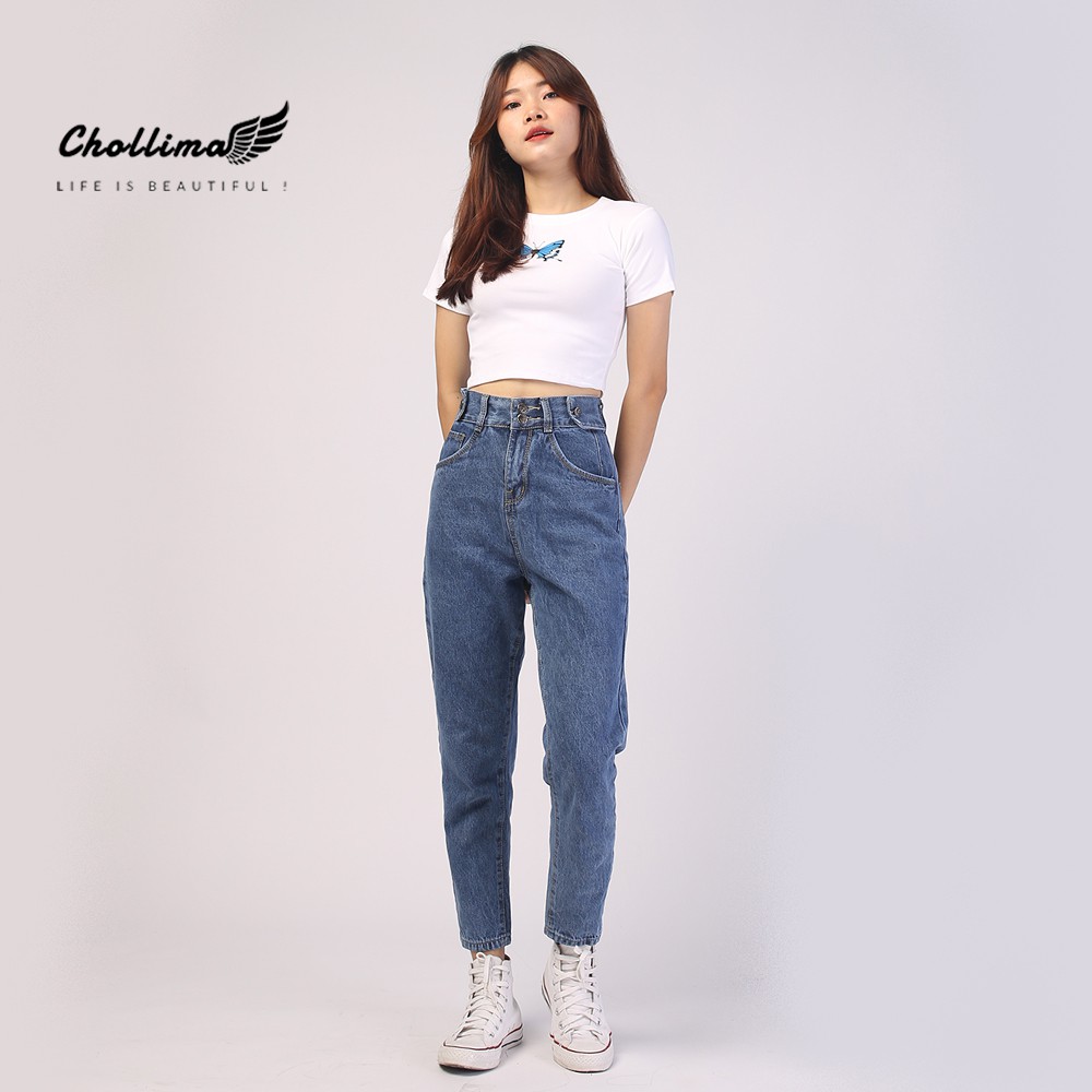 Quần baggy jeans nữ Chollima form rộng 2 bách vuông,lưng thun QD016