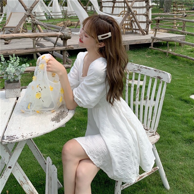 [Mã WAMT1505 giảm 10K đơn 0K] [Sẵn hàng] Váy trắng cổ vuông tay bồng ( dáng ngắn và dài) | BigBuy360 - bigbuy360.vn