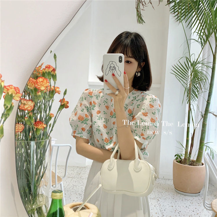 Áo Kiểu Tay Ngắn Phồng Cổ Tròn Họa Tiết Hoa Nhí Xinh Xắn Thời Trang Kiểu Pháp