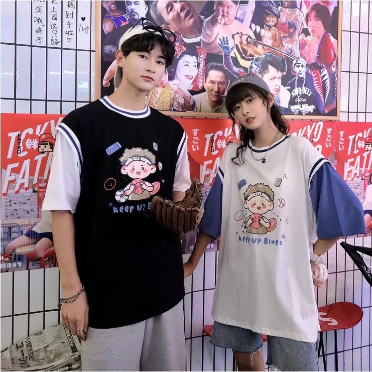 Áo thun nam Tay Ngắn áo thun tay lỡ Giả Hai Lớp In áo phông nam Họa Tiết áo phông form rộng Thời Trang áo thể thao nam phong cách Hàn Quốc áo thun mỹ áo thun kiểu nữ