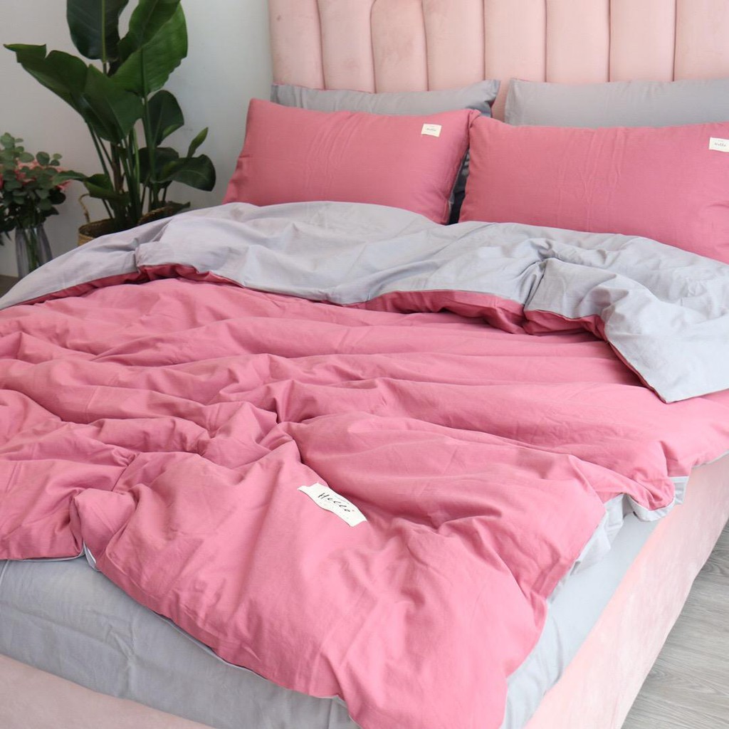 Chăn Ga Cotton Tici LIDACO - Hồng Sậm Ga Ghi