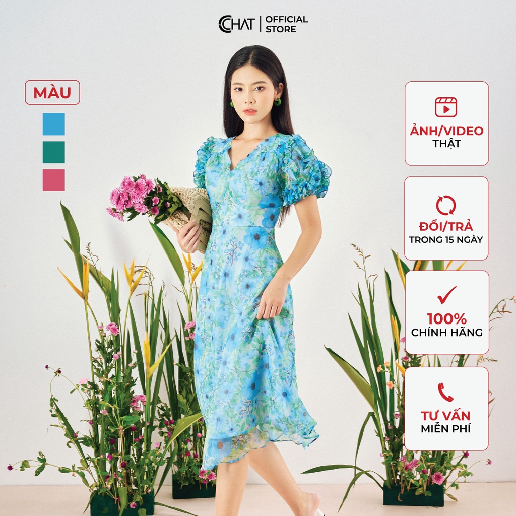Đầm Nữ 𝐂𝐂𝐇𝐀𝐓 Họa Tiết Kiểu Tay Đè Bèo Phong Cách Trẻ Trung Thanh Lịch 12VNT5014XT