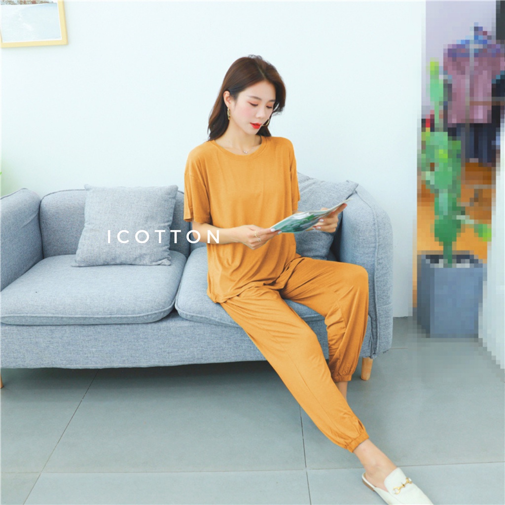 Bộ đồ mặc nhà ICOTTON bộ áo cộc quần gấu bo chun 100% cotton siêu mềm mát