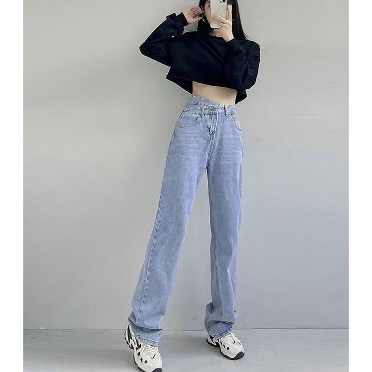 QUẦN JEANS ỐNG RỘNG NỮ LƯNG CAO CẠP CHÉO LƯNG LAI CUỐN FORM DÀI RỘNG MÀU XANH NHẠT CAO CẤP NITIQC MÀU XANH NHẠT XÁM