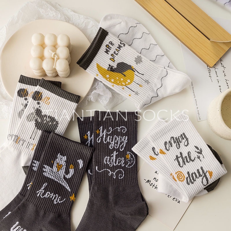 TIAN TIAN T060 Vớ tất nam nữ cổ cao tất cotton cao cấp Vớ bóng rổ thời trang mùa thu phong cách Hàn Quốc cho học sinh nam và nữ