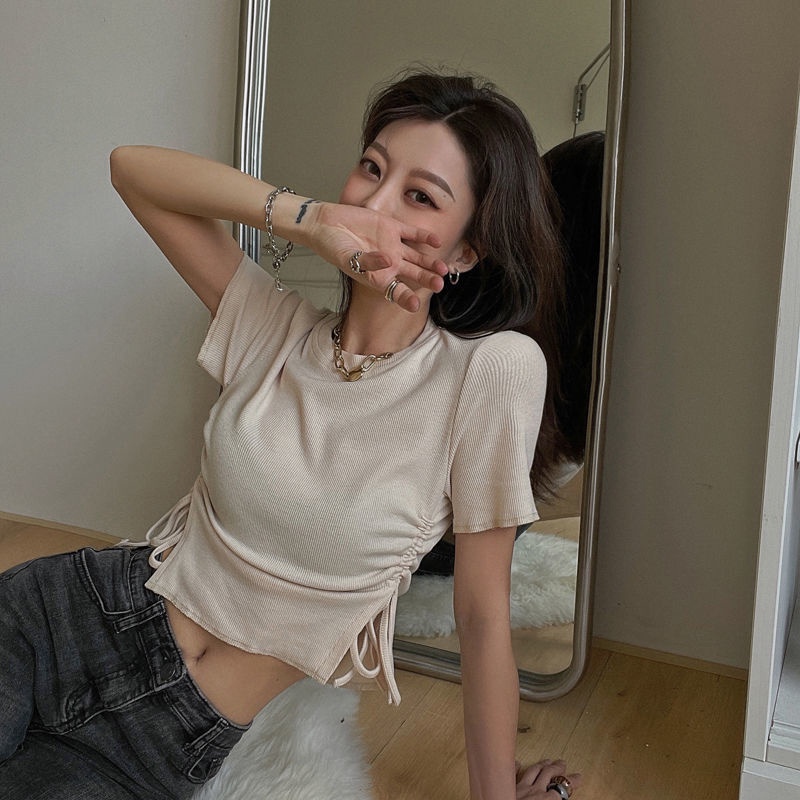 Áo thun crop top IELGY tay ngắn phối dây rút chất lượng cao thời trang cho nữ