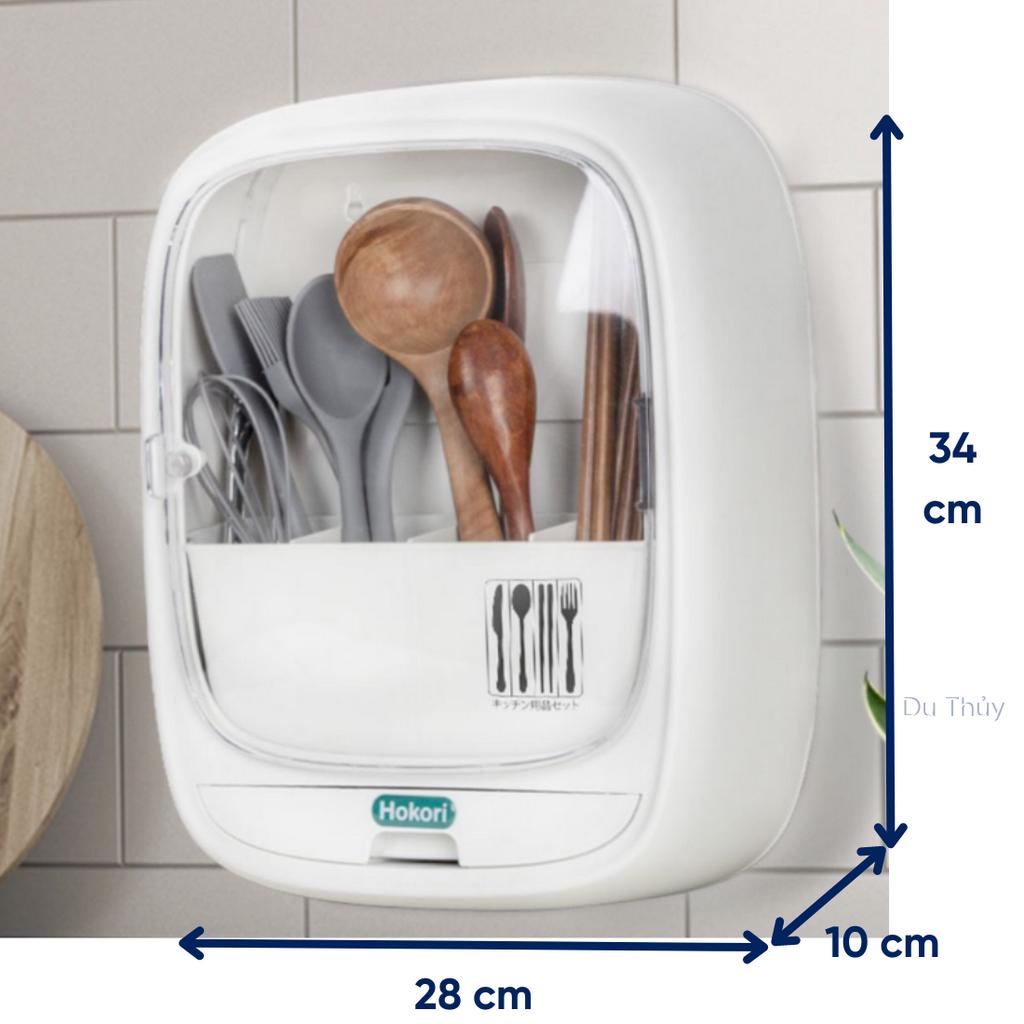 Kệ đũa muỗng có nắp đậy trong suốt dán tường 4 ngăn chứa màu pastel trắng, hồng, xám nhựa PP an toàn hàng Việt Nam