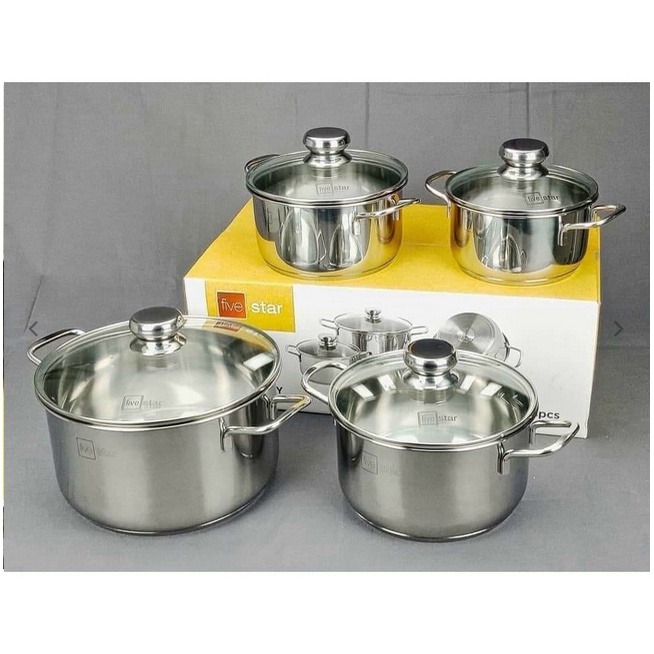 Bộ 4 Nồi Inox 430 Fivestar 3 đáy Nắp Kính đun được trên bếp điện từ