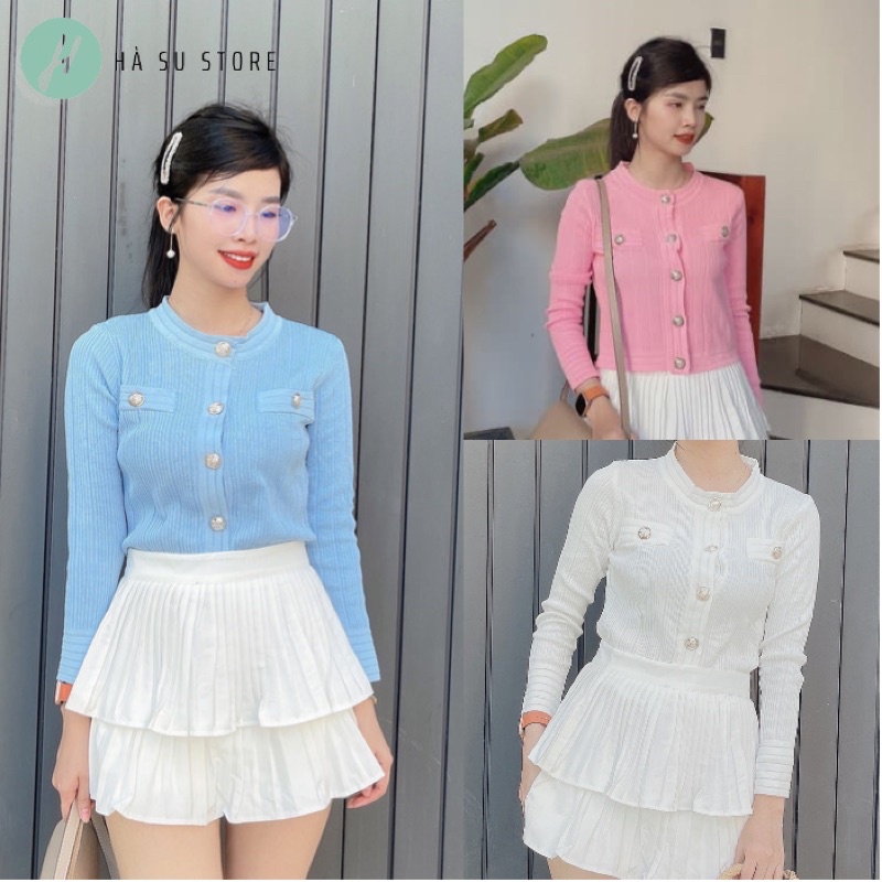 Áo Len Mongtoghi Nữ dài Tay Cổ Tròn Cúc Dọc Vàng Basic Chuẩn Hàng Quảng Châu