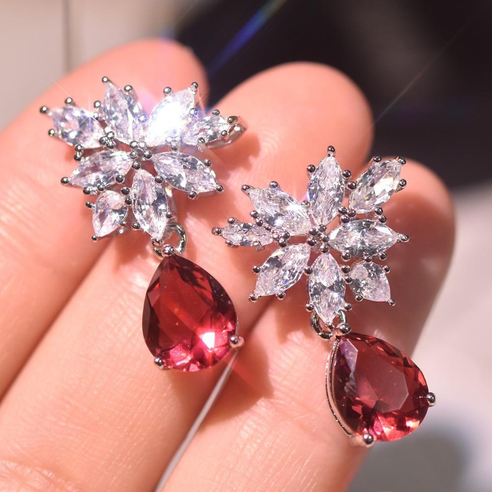 Bông Tai Đính Đá Zircon Toàn Diện Hình Giọt Nước Màu Đỏ