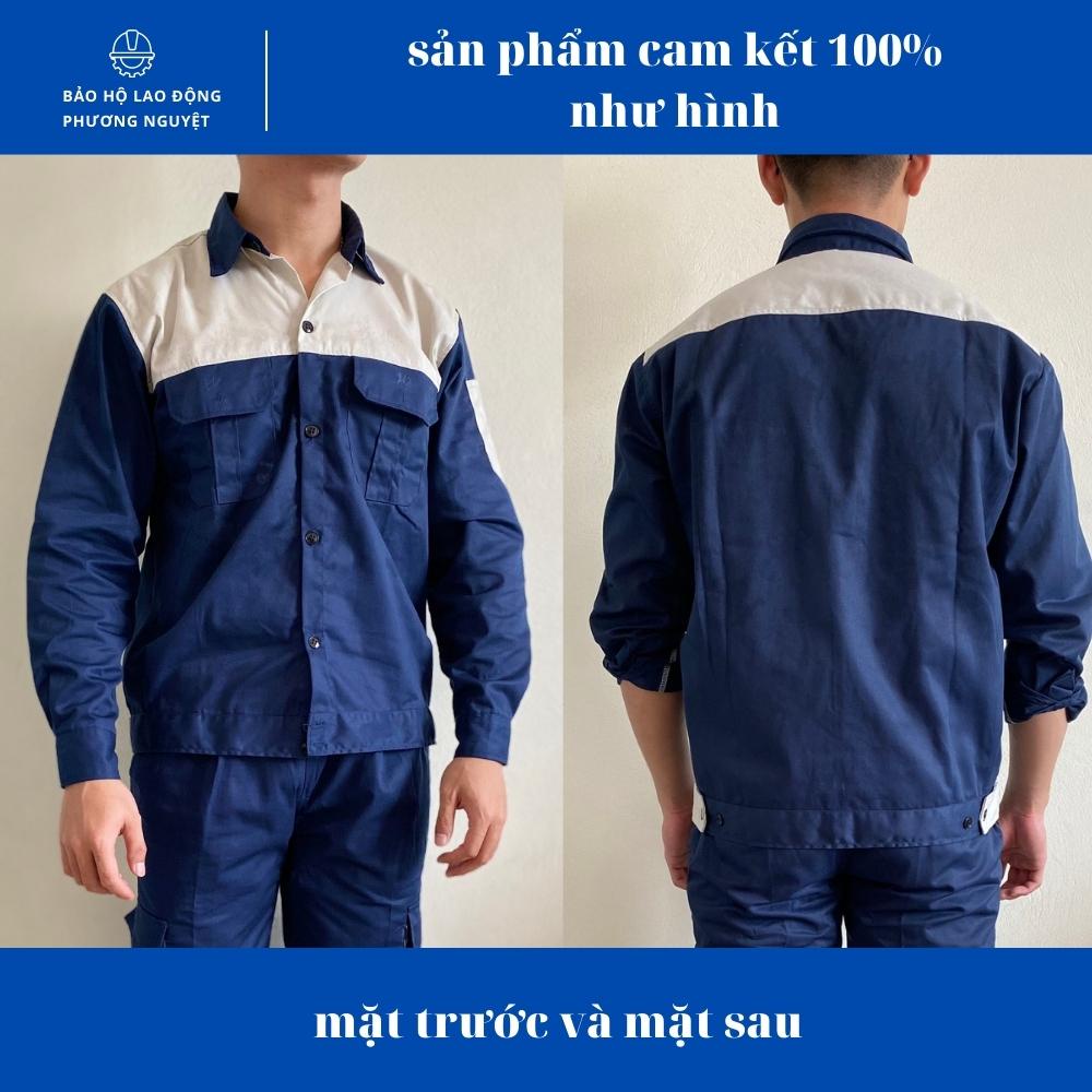 Quần áo bảo hộ lao động tím than phối ghi Kaki 3/1, quần áo kỹ sư mặc thoáng mát, không bai, không xù, không dão