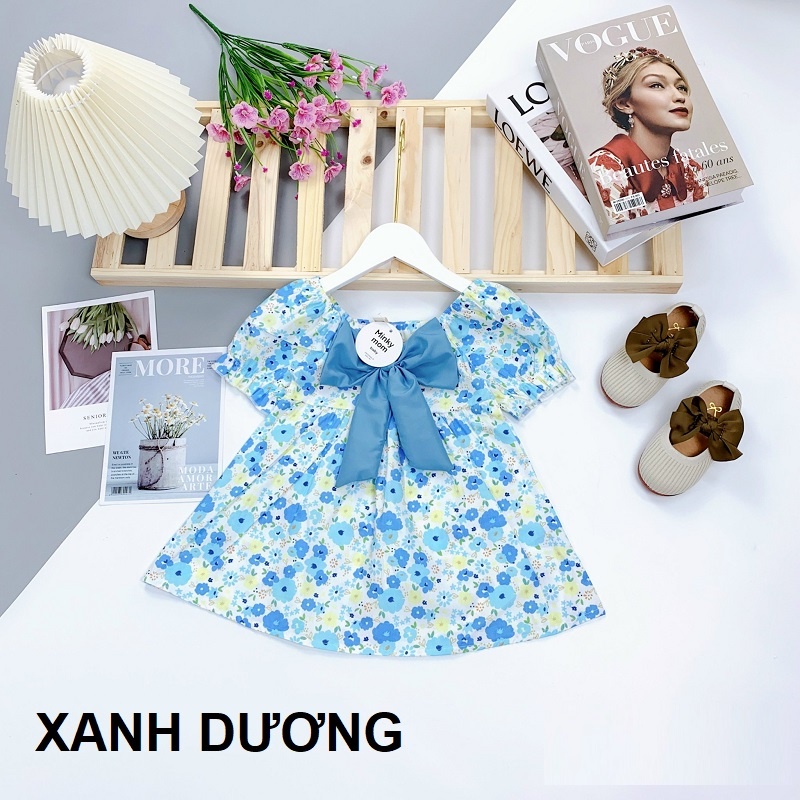 Váy hoa thắt nơ ngực chất thô lụa mềm mịn cho bé gái 8-22kg