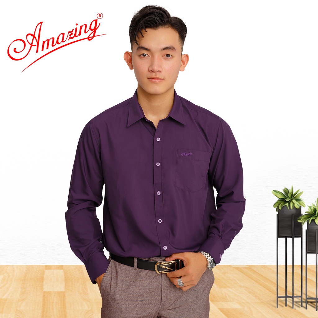 Áo sơ mi nam màu hồng pastel, tay dài, thời trang công sở cao cấp Amazing, form rộng, vải lụa Bamboo mềm mượt