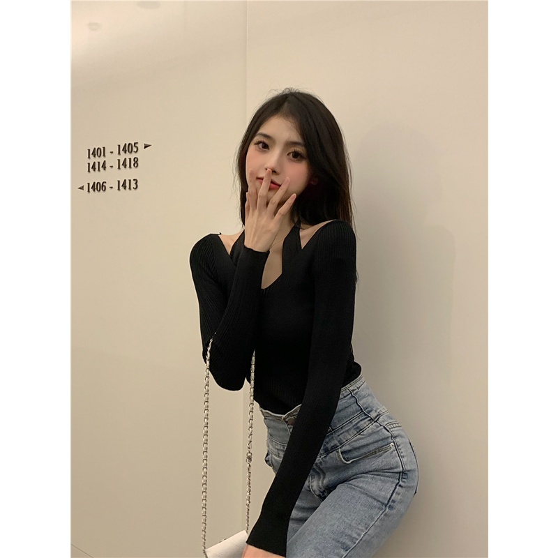 Áo Sweater Tay Dài Cổ Yếm Ôm Dáng Quyến Rũ Thời Trang Hàn Quốc Cho Nữ