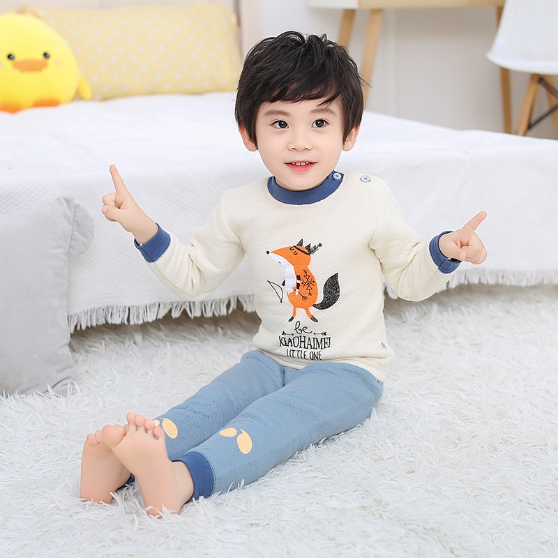 Bộ đồ ngủ tay dài cotton giữ ấm phong cách Hàn Quốc thời trang thu đông dành cho bé 70-110cm