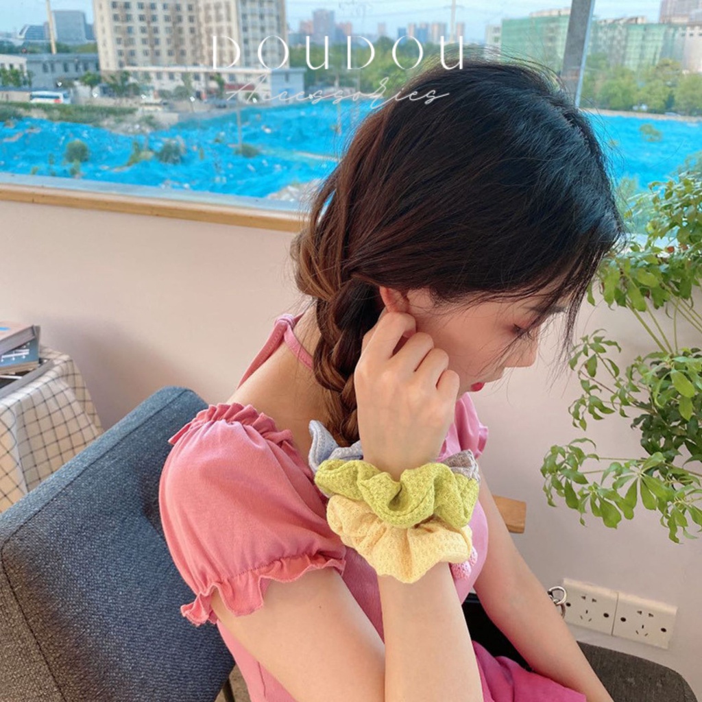 Dây buộc tóc Scrunchies DOUDOU Dây cột tóc nữ vải nhún mềm mịn họa tiết màu sắc xinh xắn thời trang FQ010