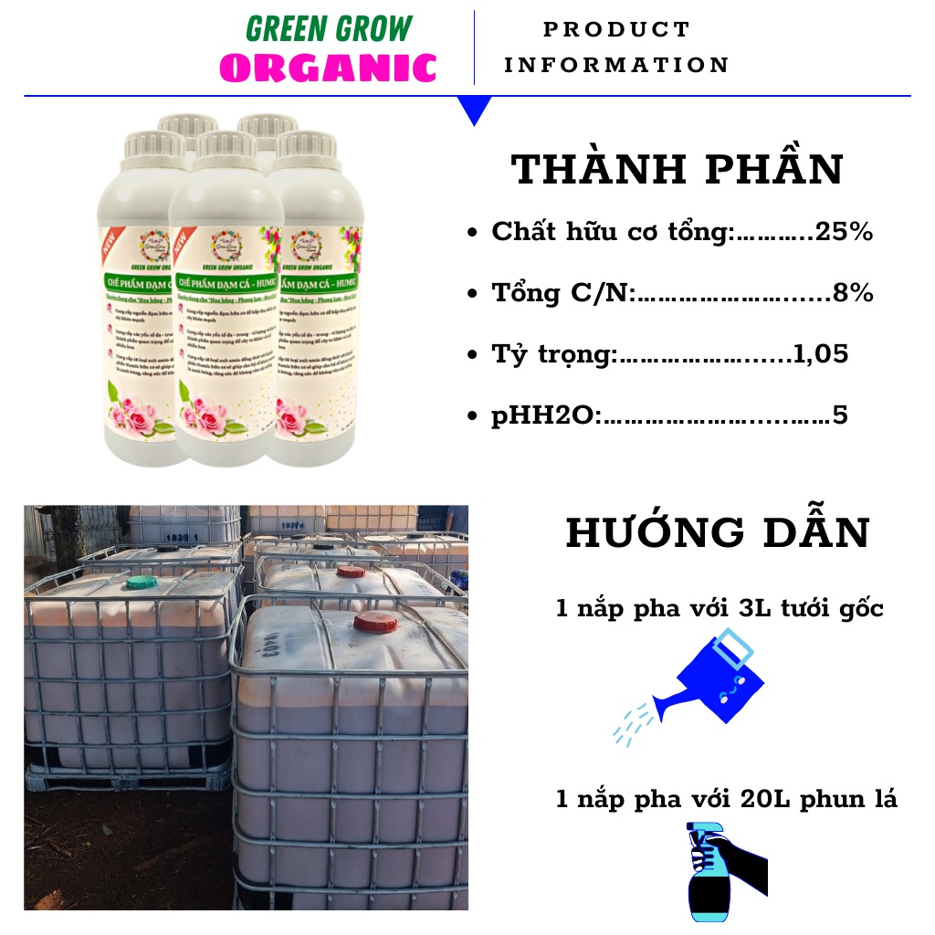 Phân đạm cá Humic Fish Emulsion phân bón hữu cơ vi sinh cho hoa Hồng rau sạch kích rễ mạnh to cành MS103 GREEN GROW